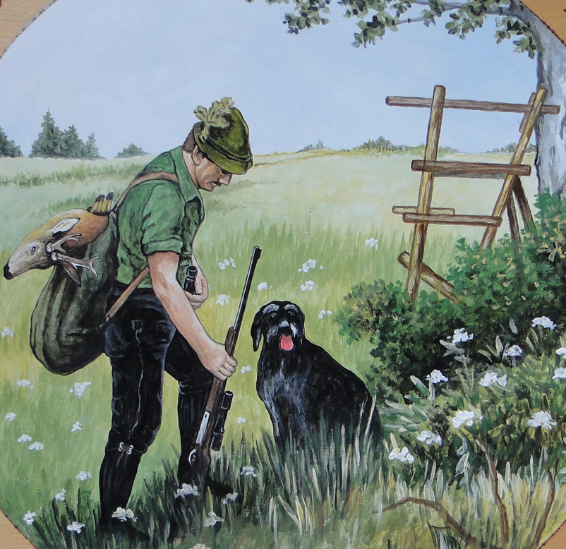 In der Mitte des Bildes steht ein Jäger, in der Hand ein Gewehr, begleitet von seinem Hund