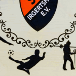 Detailreiche Schützenscheibe, mit sportlichen Silhouetten: Schießen, Fußball, Turnen, Langlauf und Tennis.