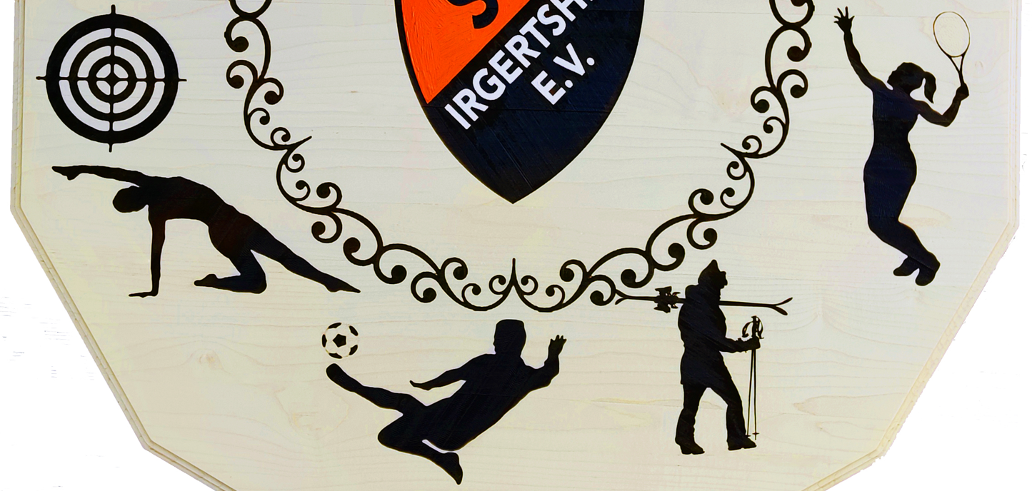 Detailreiche Schützenscheibe, mit sportlichen Silhouetten: Schießen, Fußball, Turnen, Langlauf und Tennis.