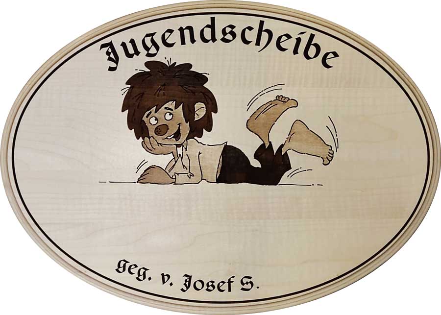Jugendscheibe_Pumuckl Handgemachte Jugendscheibe aus Ahorn mit Pumuckl